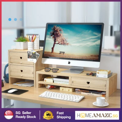 [SG ready stock] Desktop Monitor Stand Wooden Monitor Riser Stand Laptop Storage Shelf Desktop Storage Shelf