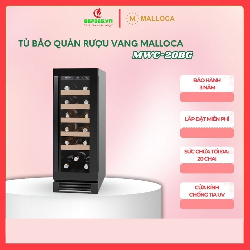 Tủ Đựng Rượu Vang Malloca MWC-20BG – Sức chứa 20 chai, Cửa kính chống tia UV - BST