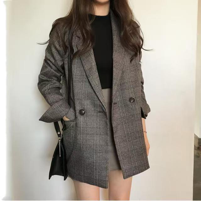 Kayleigh Women Plaid Blazer Notched Collar Double Breasted Loose Long Sleeve Pocket Office Ladies Casual Suit Jacket Outerwear