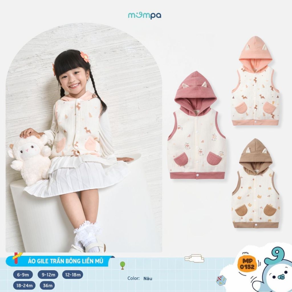 Áo gile cho bé Mompa 6 tháng - 3 tuổi vải Cotton chần bông có mũ mềm mại ấm áp cúc giữa 0152