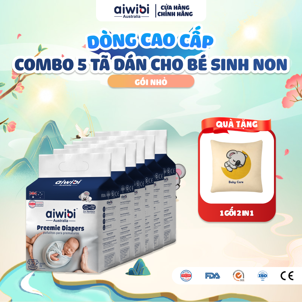 [Combo 5] Tã/Bỉm Cho Trẻ Sinh Non Cao Cấp Aiwibi Siêu Thấm Hút, Chống Tràn - Gói Preemie 22 Miếng