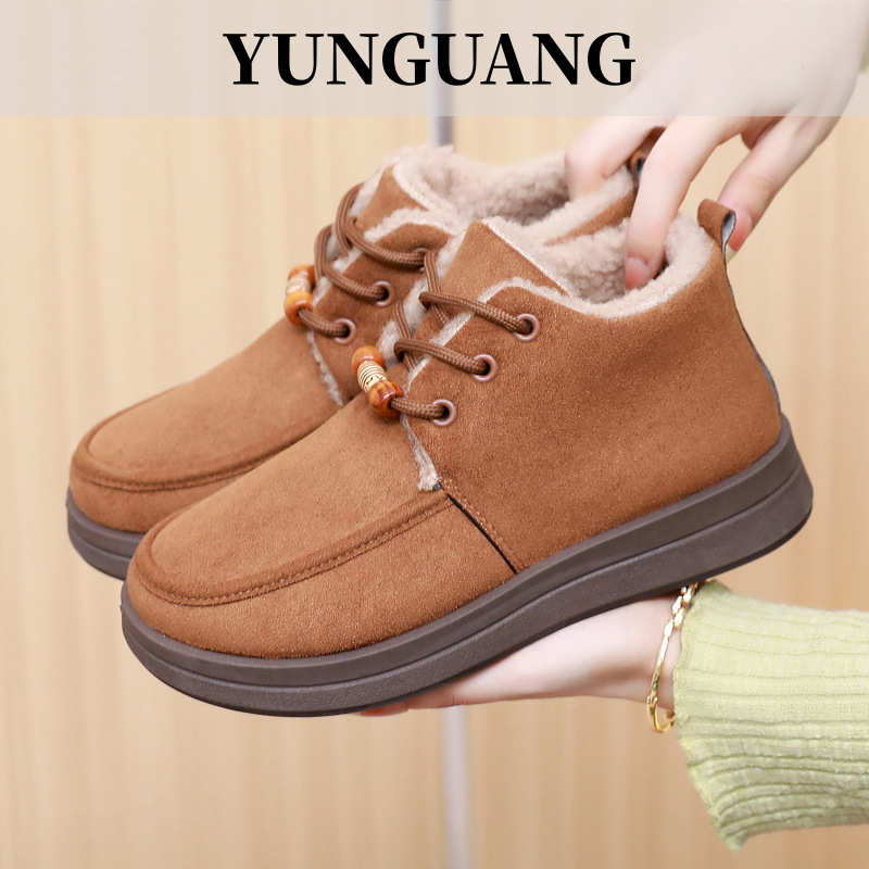YUNGUANG Giày Nữ Giữ Ấm Lót Nhung Mẫu Mới Bốt Đi Tuyết Buộc Dây Chống Trượt Đế Mềm Giữa Giày Cho Mẹ Thoải Mái Thường Ngày