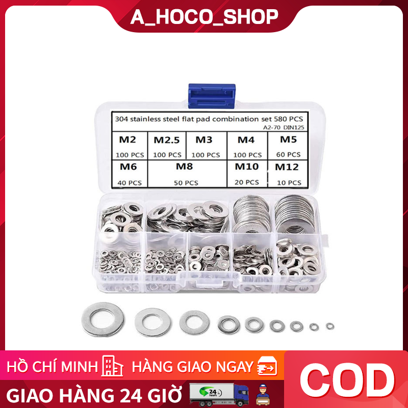 Vòng đệm bằng thép không gỉ 580 chiếc -Phụ kiện phần cứng -Dụng cụ sửa chữa gia đình - Bộ dây buộc - Vòng đệm vít -Tròn