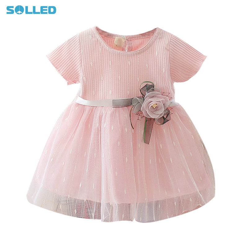 Toddler Baby Girls Flower Decor Tulle Dress Cotton Polka Dots Ribbed Knit Round Neck Short Sleeve Dress ราคา 167 บาท*ส่งฟรี
