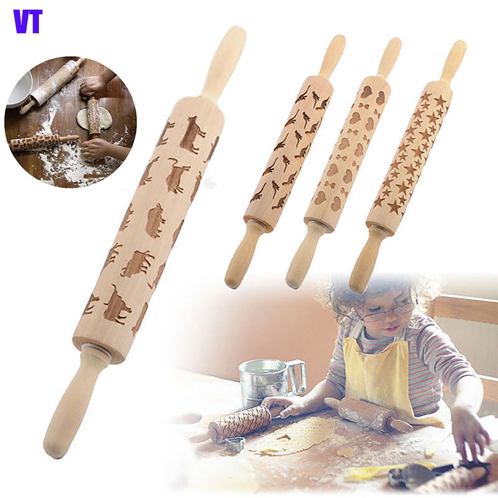 VT dập nổi thanh lăn bằng gỗ khắc 3D kỳ nghỉ Cây cán bột bếp công cụ tự làm cho trẻ em người lớn VT-MY