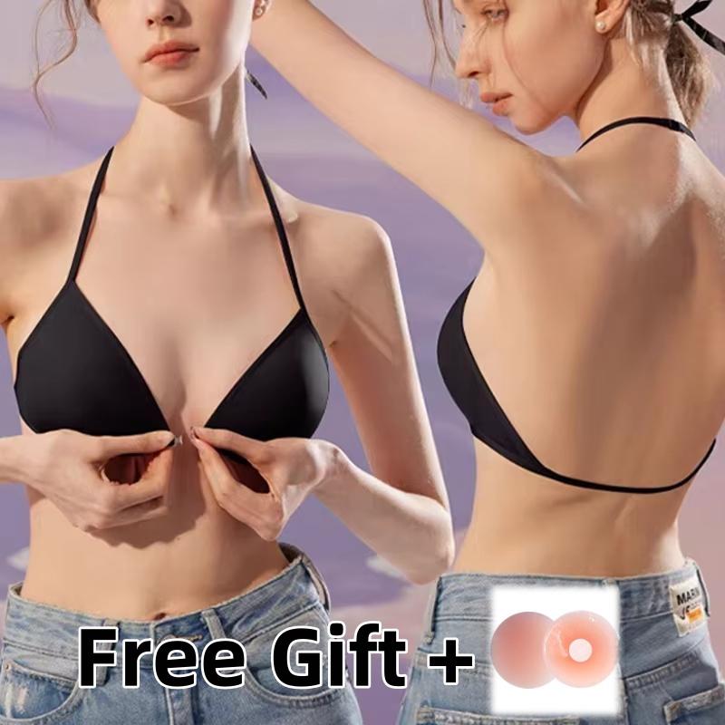【Buy 2 Get Free Gift】Front Buckle Bra French Triangle Halterneck Thin Push UP Spaghetti Strap Seamless Bralettes Backless Strap Fashionable Soft Comfortable Female Underwear