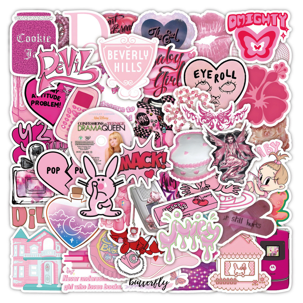 สติกเกอร์ 50 ชิ้น สไตล์ Y2K สีชมพู วินเทจ aesthetic ตกแต่งเคสมือถือสุดเก๋ Pink Vintage Stickers
