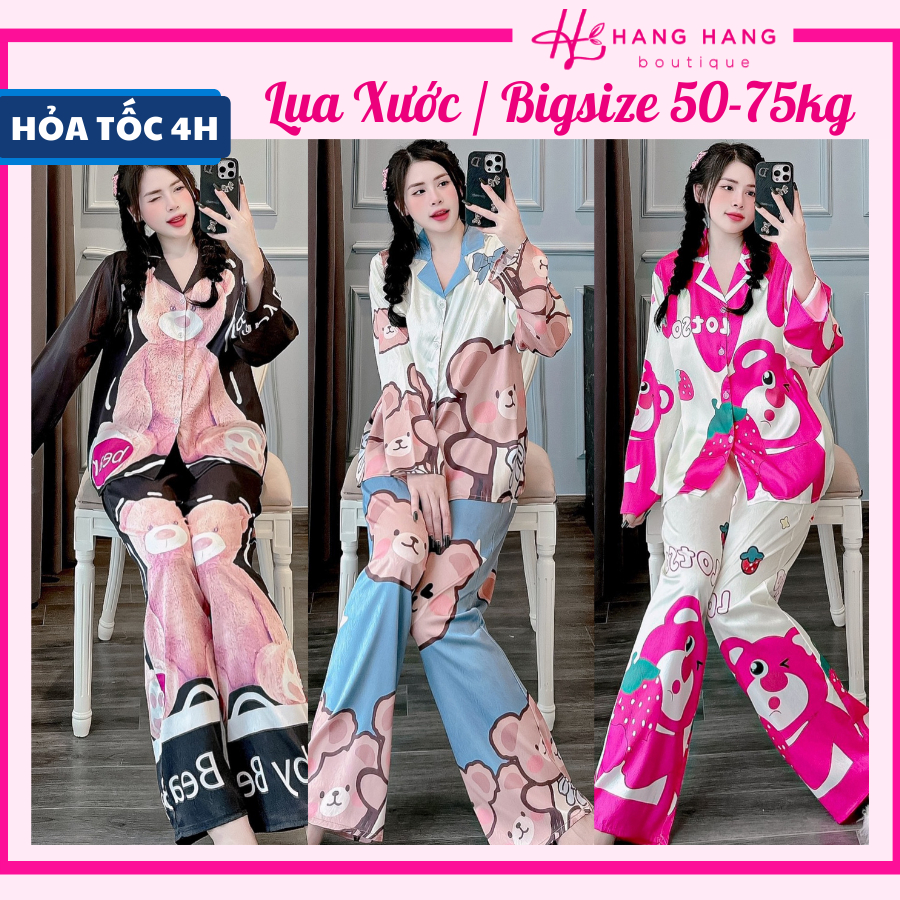 Bộ đồ ngủ bigsize 50-75kg, đồ bộ nữ pijama dài tay dài lụa xước bigsize, đồ ngủ lụa mặc nhà cute gấu dâu dễ thương xinh