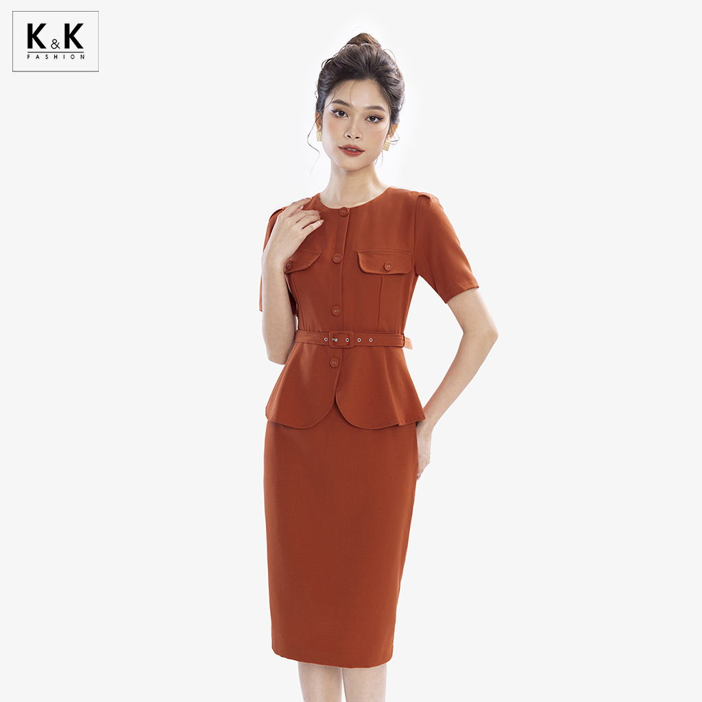Đầm peplum màu cam cổ tròn phối thắt lưng K&K Fashion KK161-10 Chất liệu Cotton hàn