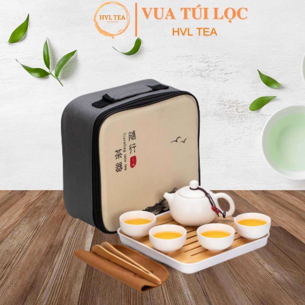 Bộ ấm chén sứ trà đạo kèm khay và túi cao cấp - HVL TEA