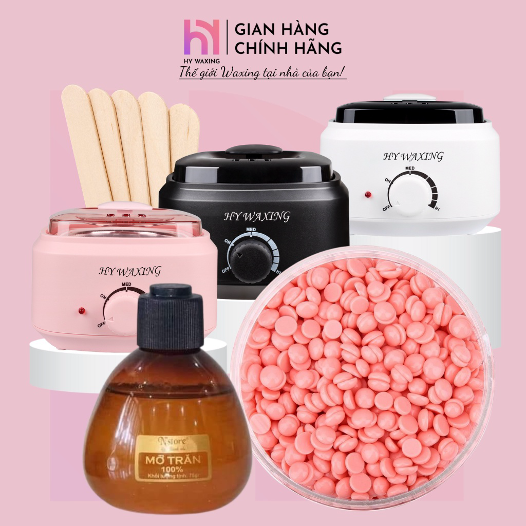Combo 100gr sáp hồng + nồi nấu sáp wax lông prowax200 + 75gr mỡ trăn tặng kèm que hy waxing