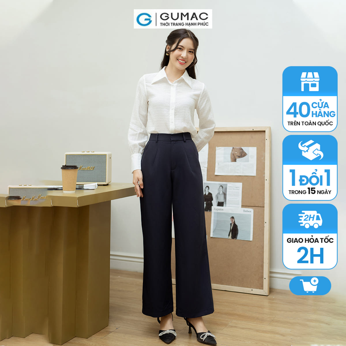 Quần tây công sở dáng suông GUMAC QD09046 bản lưng cài móc giấu nút có xếp li kiểu