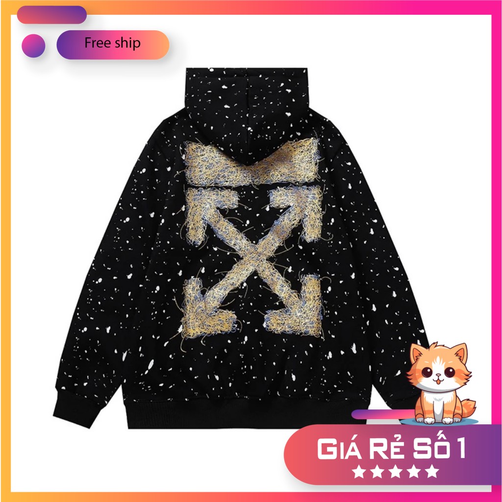 Áo Hoodie Off White Vảy Sơn  Áo Nỉ Mũ 2 Lớp Dày Dặn Dáng Rộng Nam Nữ NVA714