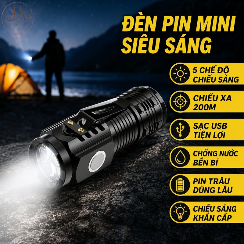 JACIRCLE Đèn pin đội đầu mini 3 bóng LED siêu sáng sạc type c chống nước ipx7 kèm móc treo dùng cắm trại sửa chữa