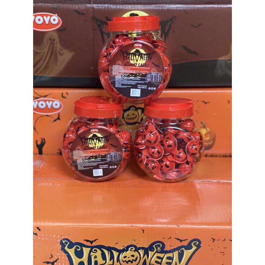 Hũ 50 viên kẹo dẻo có nhân siro Gummy Candy nhiều hình Halloween Thái Lan