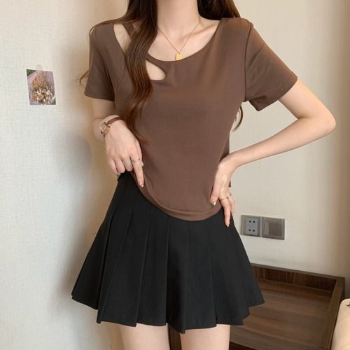 Luxqlo phụ nữ t Áo sơ mi thời trang gợi cảm rỗng đồng bằng TEE Áo thun cộc tay mùa hè Áo kiểu hàn qu