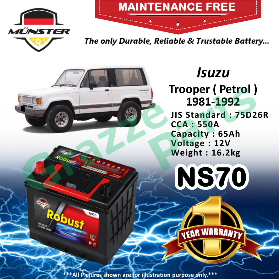 Mnster Robust MF CMF NS70 | NS70R | 75D26R (65AH) Car Battery Bateri Kereta for Isuzu Trooper ( Petrol ) 1981-1992