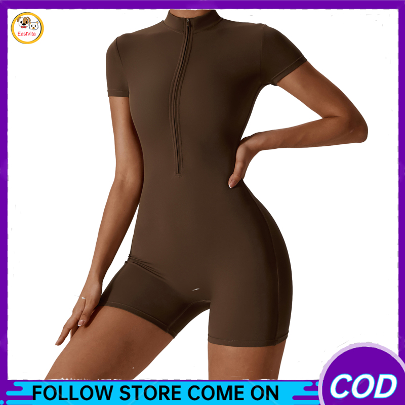 Women Jumpsuit With Zipper Casual Workout Short Sleeve Rompers Exercise Yoga Tummy Control Bodysuits
