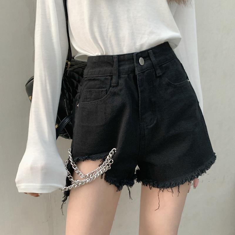 Y2K Quần short denim màu đen cho cô gái phụ nữ phong cách Hàn Quốc quần cạp cao giản dị