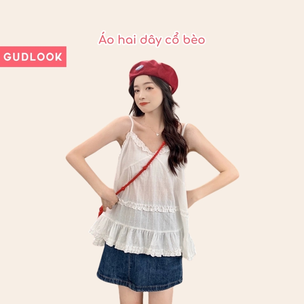 Áo 2 dây ren họa tiết GUDLOOK Viền Bèo phối Hạt Áo Babydoll chất thô mềm Đi Chơi Đi Biển Nữ Tính