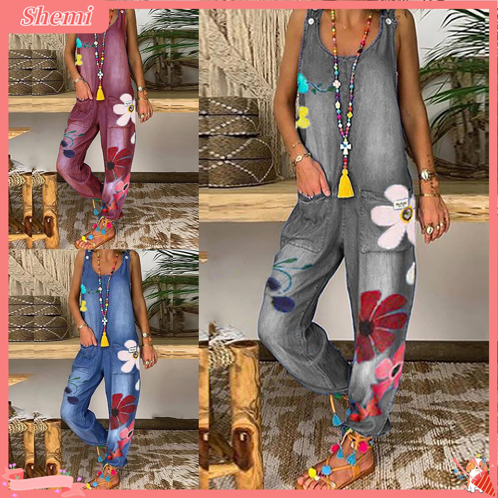 Shemi in hoa Phụ Nữ Jumpsuit túi sâu Một Mảnh quần dài Không Tay U Cổ Romper Thời Trang Phố Giản Dị Romper Hoa