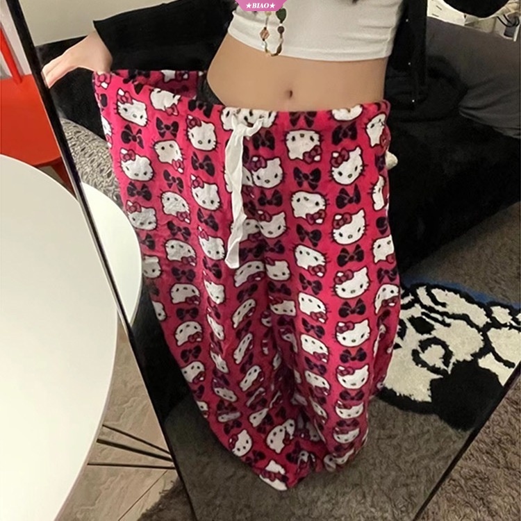 hellokittys Pajamas Black Pink Anime Flannel Women Warm Pant Autumn Fashion  