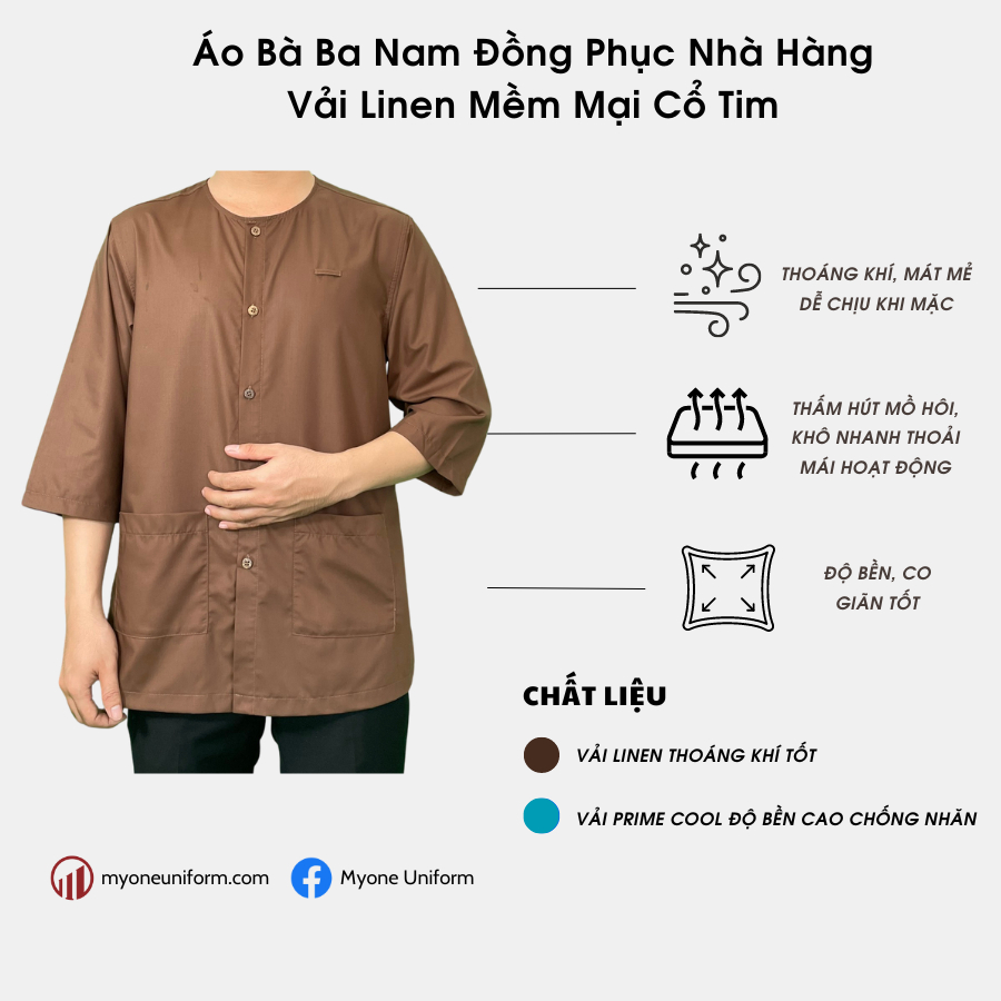 Áo Bà Ba Nam Đồng Phục Nhà Hàng Vải Linen Mềm Mại Cổ Tim