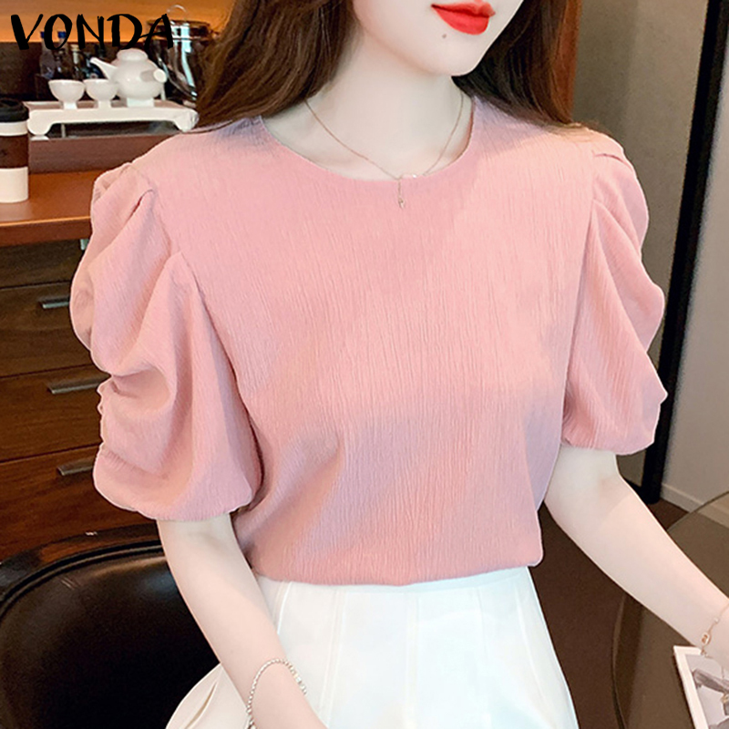 VONDA Womens Fashion Summer Lantern Sleeve Solid O Neck Blouse Tops (Korean Causal)
