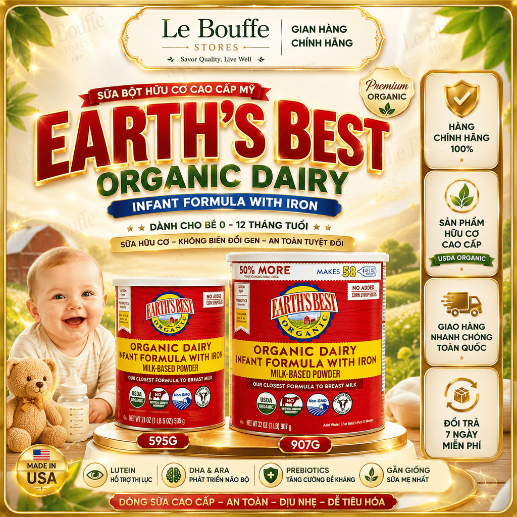 Sữa Bột Hữu Cơ Earth's Best Organic Dairy Infant Formula With Iron Mỹ (595g / 907g) Cho Bé 0 - 12 Tháng