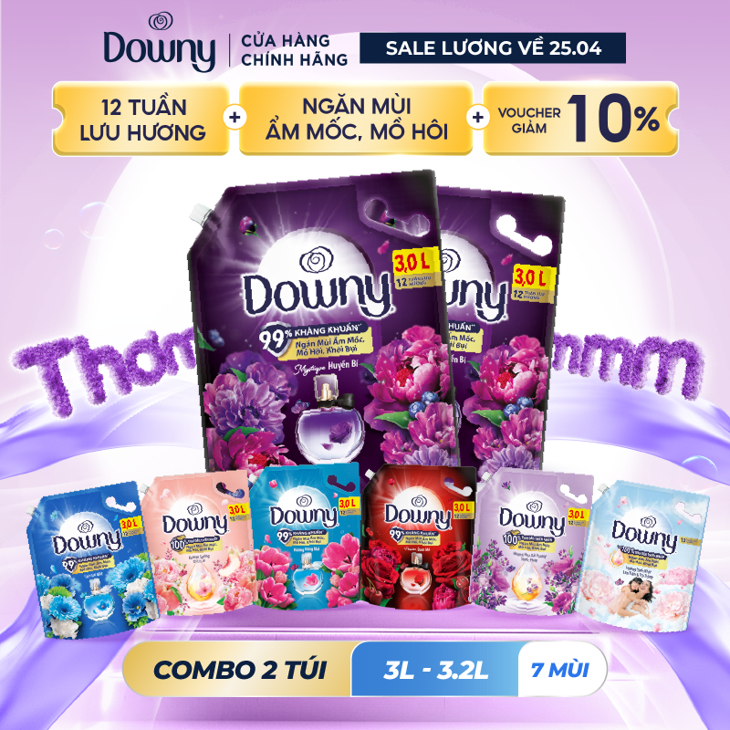 Combo 2 Túi Nước Xả Vải Downy Tinh Dầu Thiên Nhiên/Nước Hoa Cao Cấp Túi 3L