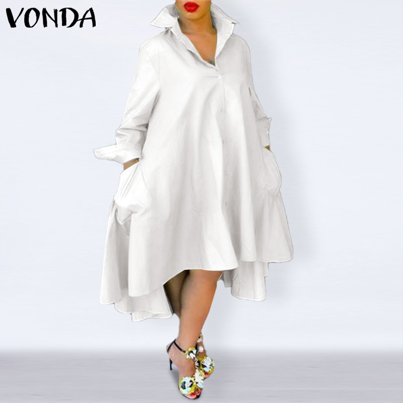 Vonda Đầm lửng áo sơ mi dài ve áo dáng rộng tay dài giản dị Đầm midi thanh lịch mùa hè cho nữ (cỡ lỡ
