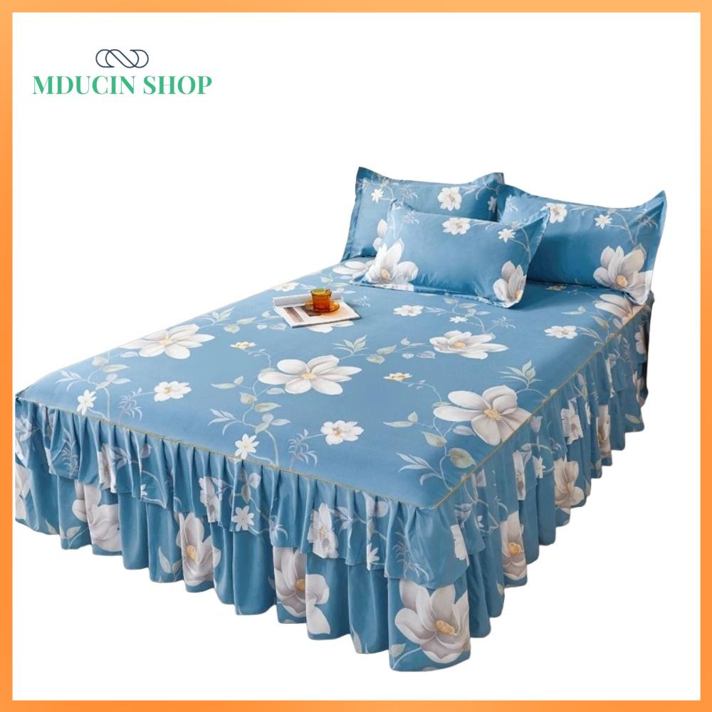 MDUCIN SHOP In hoa văn Bộ ba váy giường ren đôi Màu xanh Chống bụi Bộ ga trải giường và vỏ gối Bốn Mùa 120/150/180CM. Bộ ga trải giường 3 trong 1 cho trẻ em và người lớn trong phòng ngủ