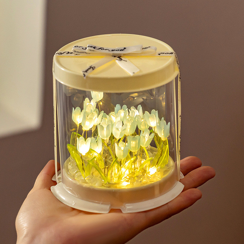 BHQ Creative DIY Tulip Flower Cake Cube Lamp Handmade Craft Night Light Simulation Flower Bedroom Table Lamp