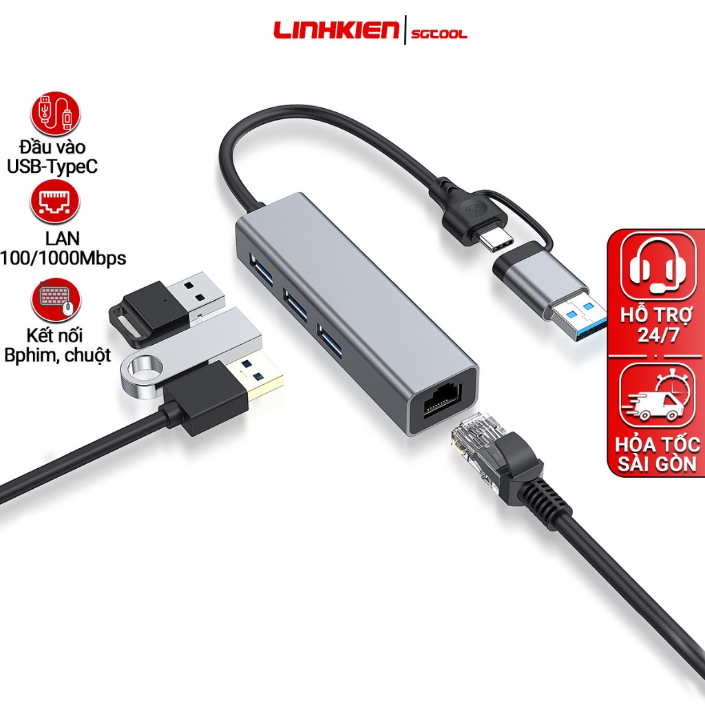 Cáp Chuyển Hub USB3.0 Type C Ra 3 Cổng Usb 3.0 Kèm Cổng Mạng LAN 10 100 1000 Mbps