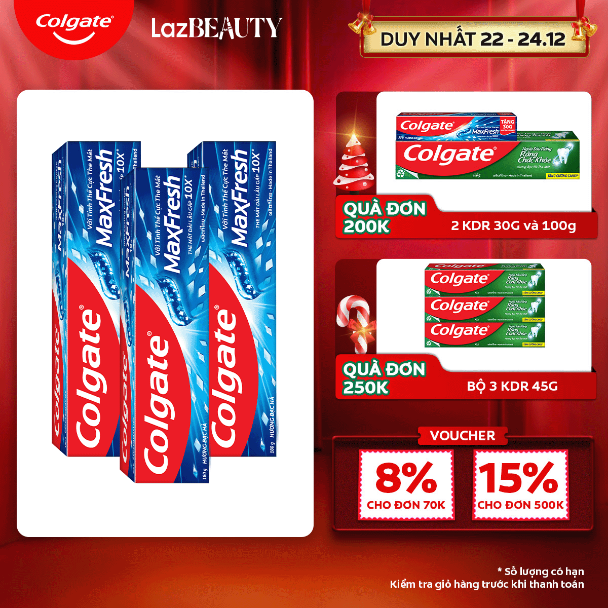 [Chỉ 22 - 24.12_Áp Voucher giảm thêm 8%]Bộ 3 Kem đánh răng Colgate MaxFresh bạc hà the mát 180g/tuýp