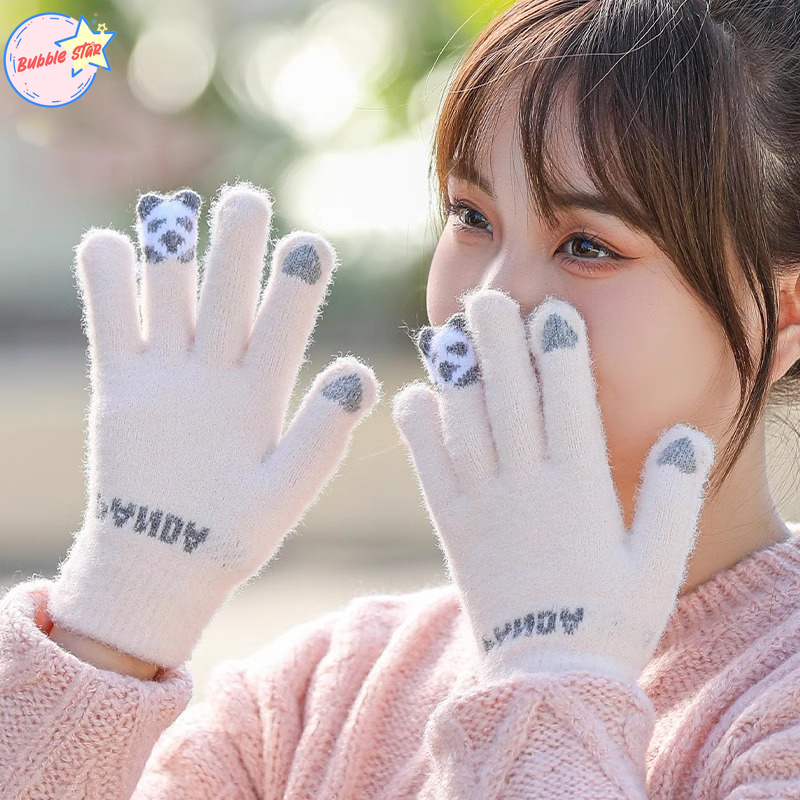 Găng tay nữ mùa thu đông mèo dễ thương cộng với găng tay đan len chống lạnh dày nhung cho bé gái màn hình cảm ứng mùa đông găng tay đi xe đạp sinh viên