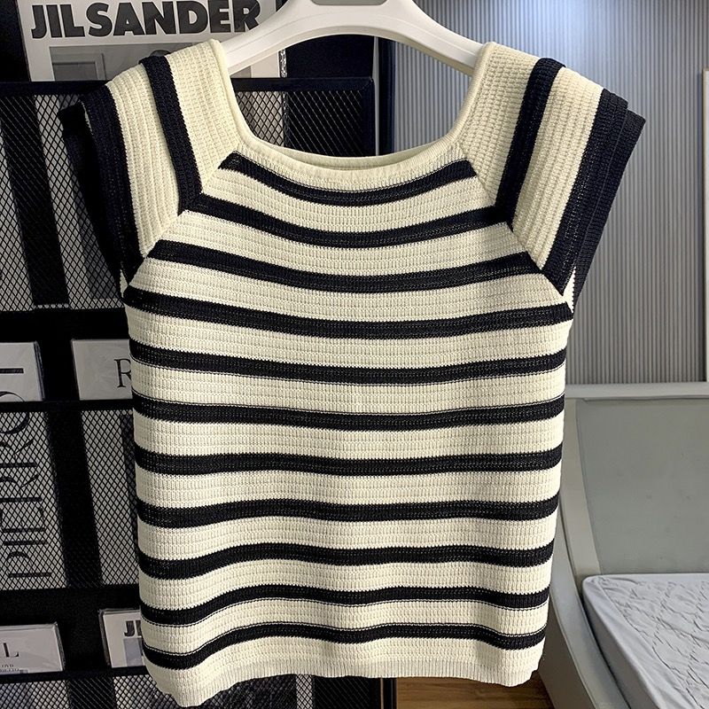 Luxqlo Knitted Top Women Fashion Casual Square Neck Tshirt Korean Style Summer Stripe T Shirt Slim Tee ราคา 255 บาท*ส่งฟรี