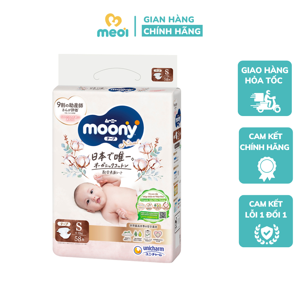 Tã/Bỉm Dán Moony Natural nhập khẩu size S cho bé từ 4-8kg