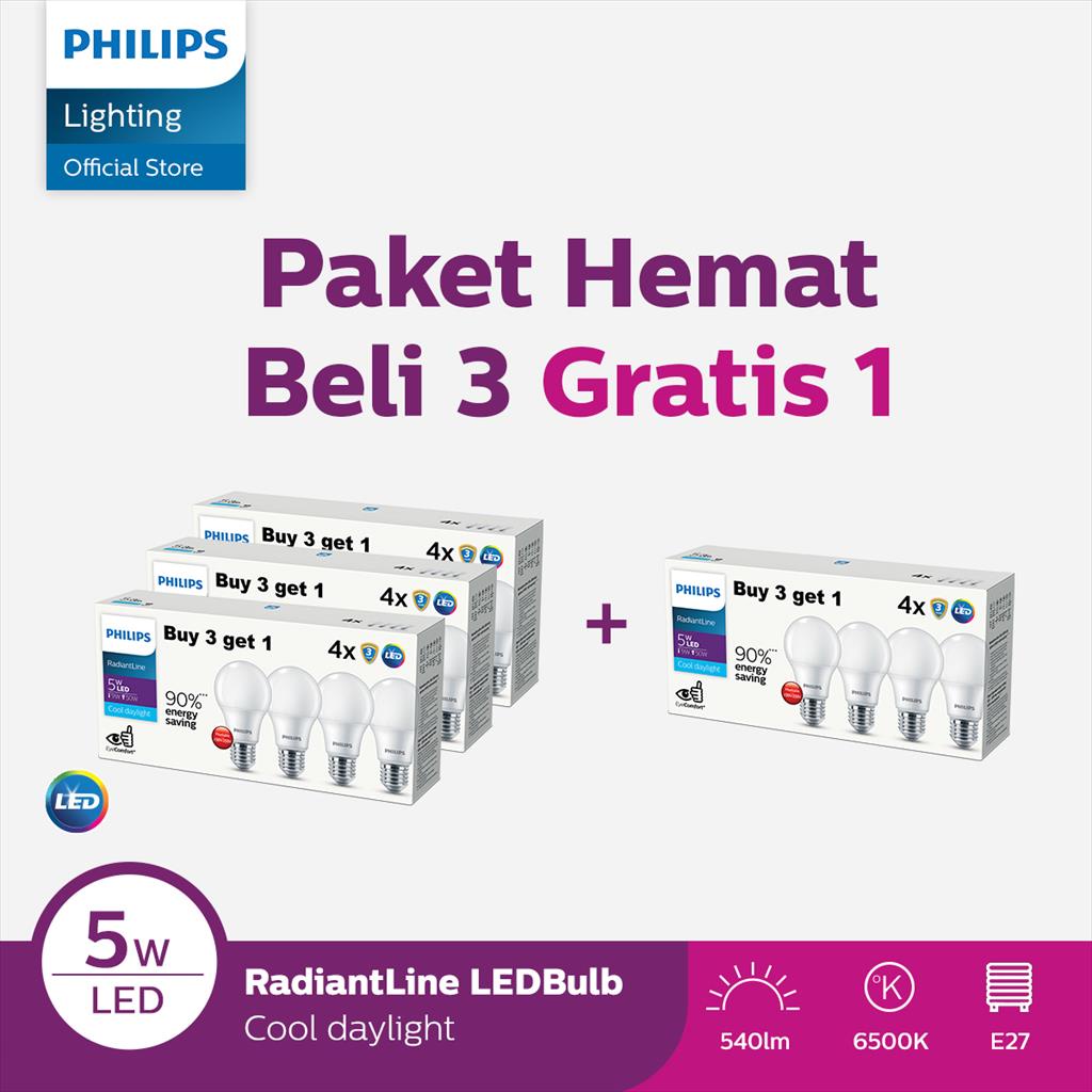Philips Lampu LED Paket Hemat Beli 3 Gratis 1 Multipack Radiantline 5W 6500K Putih Harga 220,000 rupiah*Gratis Ongkir