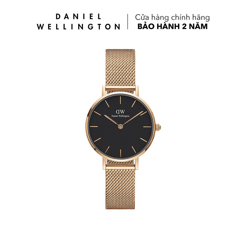 Đồng hồ Daniel Wellington dây lưới thép - DW00100217 28 mm Petite 28 Melrose RG Black Mặt Đen Vỏ Vàng Hồng