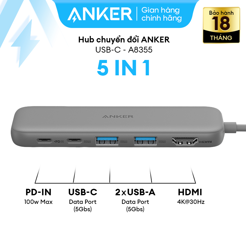 Hub chuyển đổi ANKER 332 USB-C 5-in-1 - A8355