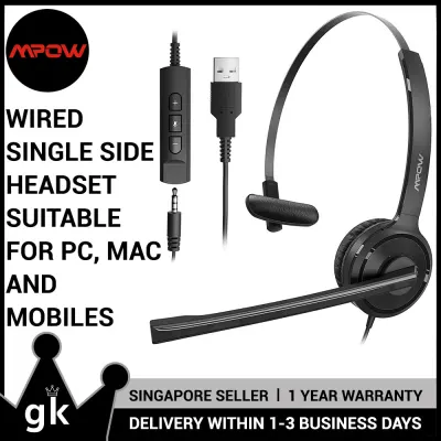 [Mpow] 323 Single-Sided USB Headset with Microphone, Over-The-Head Computer Headphone for PC, 270 Degree Boom Mic for Right/Left Ear, Comfort-fit Call Center Headsets with in-Cord Volume Control