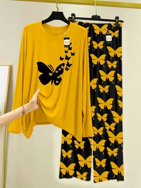 YELLOW FLYING BUTTERFLY Printed Nightwear Set With Black Butterfly Printed Trousers – Women's Lounge Wear (007)