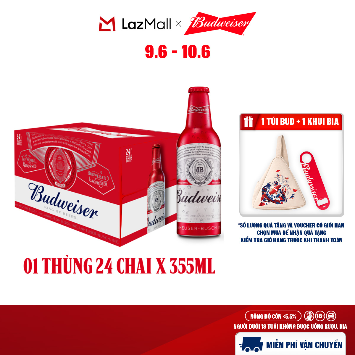 Thùng 24 Chai Aluminum Bia Budweiser Chính Hãng (355ml/ chai)