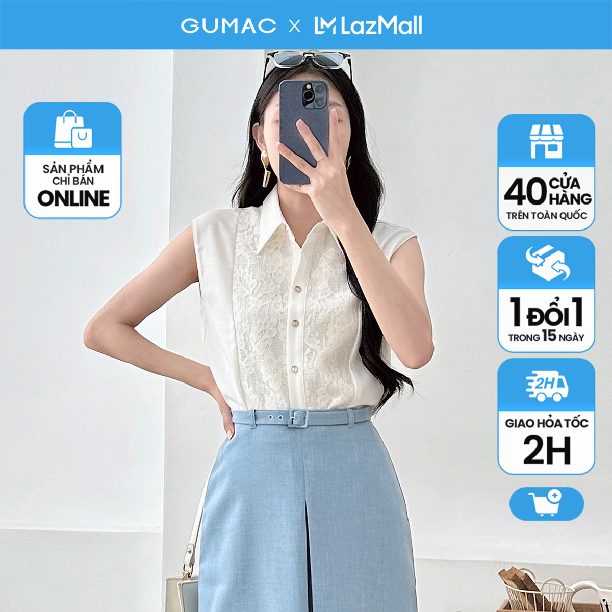 Áo sơ mi phối ren thời trang GUMAC LAE0925