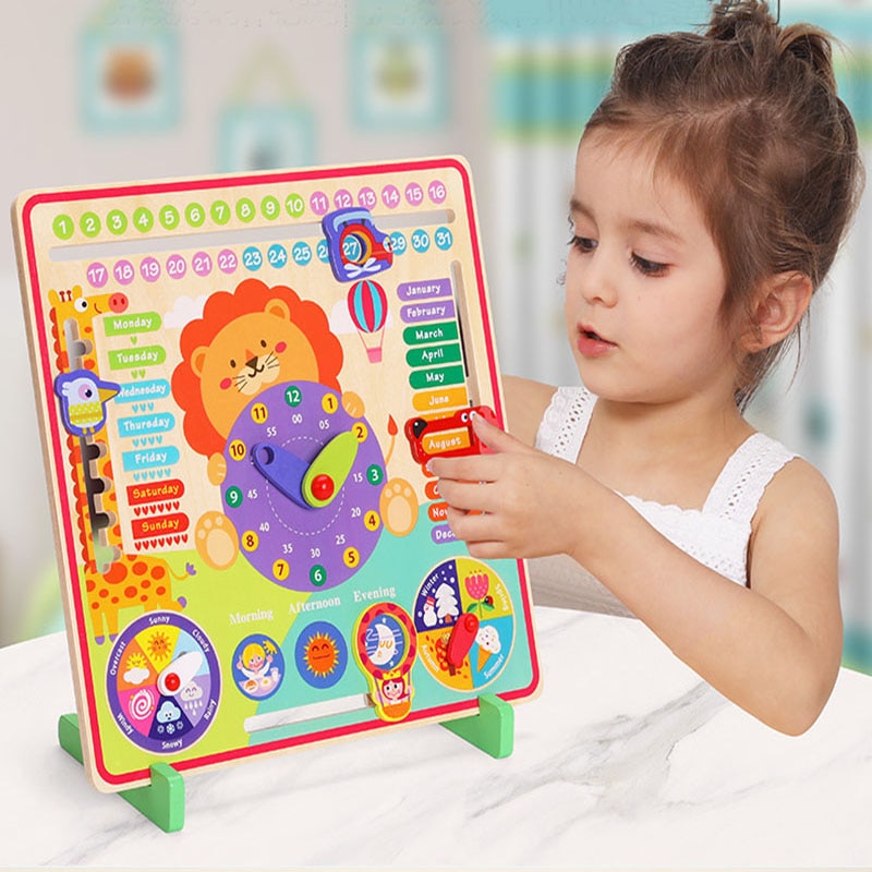 Wooden Clock Baby Montessori Toys Weather Season Calendar Clock Cognitive Toys Preschool Teaching Aids Kids Time Cognition Toys