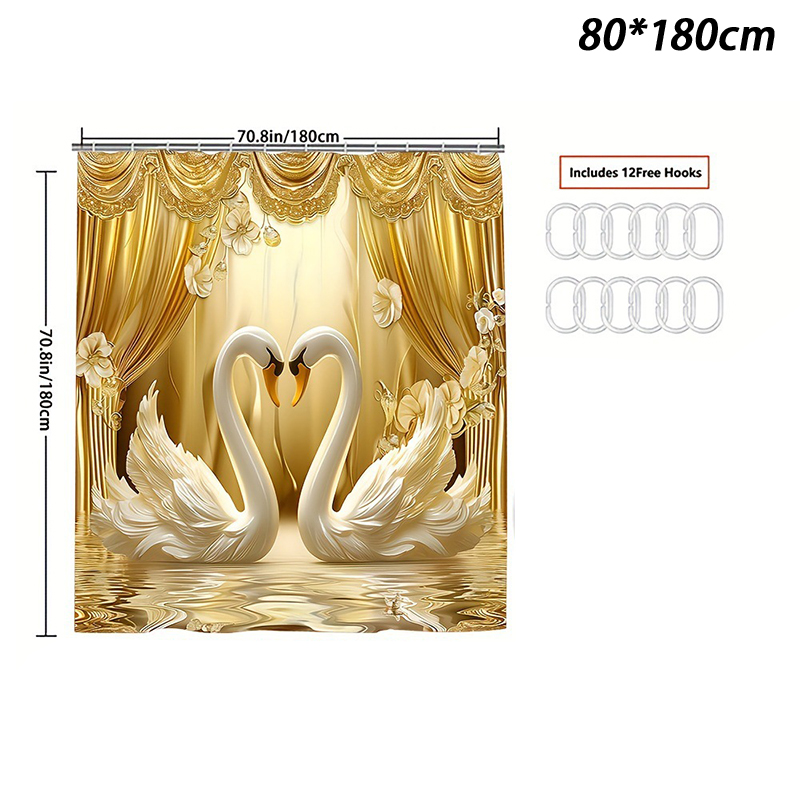 【Flash Sale】 Waterproof Golden Swan Shower Curtain Mildew Resistant Polyester Bathroom Curtain With Rustproof Grommets Home Decor - 3