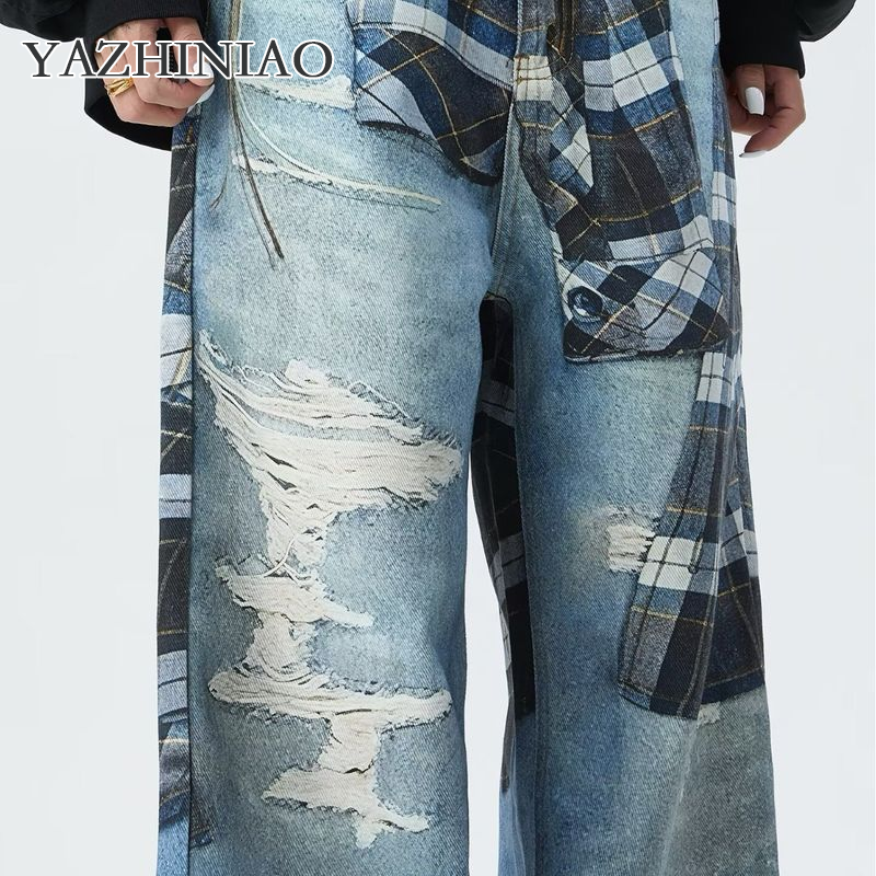 Quần Jeans Ống Rộng chắp vá có thể giặt phong cách retro 2025 mùa thu thiết kế mới thời trang giản dị phong cách quần dài sàn