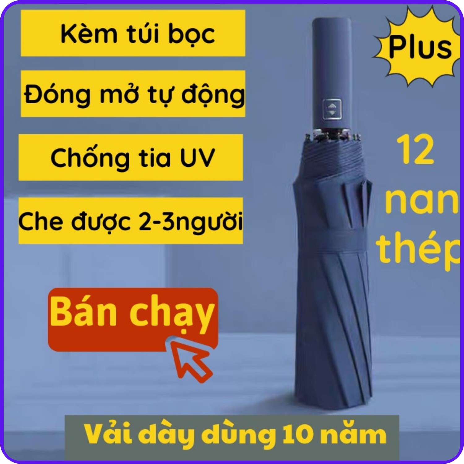 Ô dù che mưa đi nắng 12 nan mở tự động gấp nhỏ gọn cầm tay 2 chiều cỡ lớn