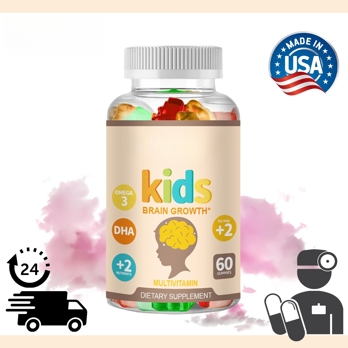 Kids Brain Growth Gummies - May Promote Optimal Brain Development Omega-3 DHA Multivitamin